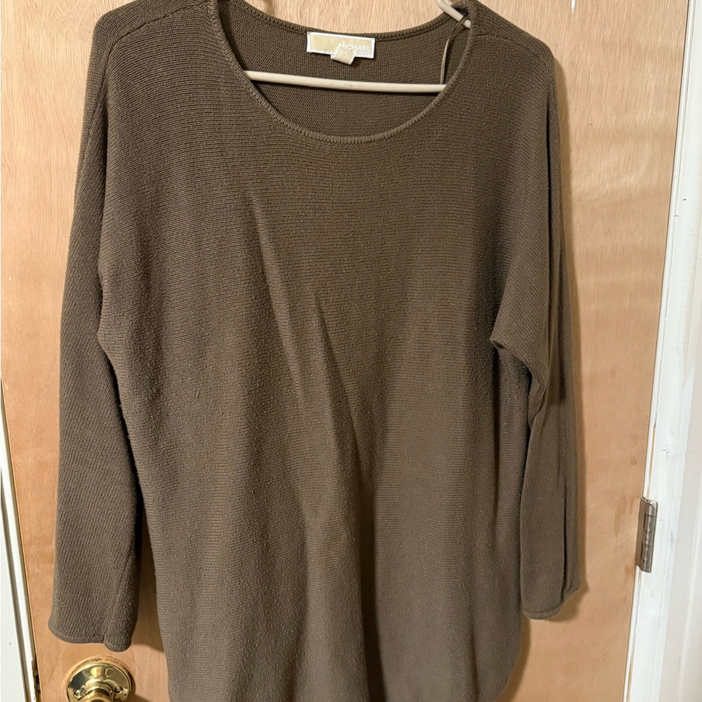 Michael Kors olive green/brown tunic Knit Sweater with half zip sides